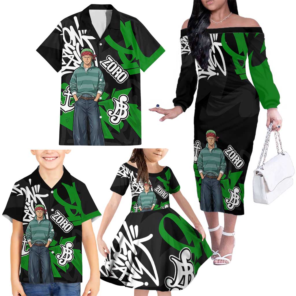 Roronoa Zoro One Piece Family Matching Off The Shoulder Long Sleeve Dress and Hawaiian Shirt Graffiti Street Art Anime Collage