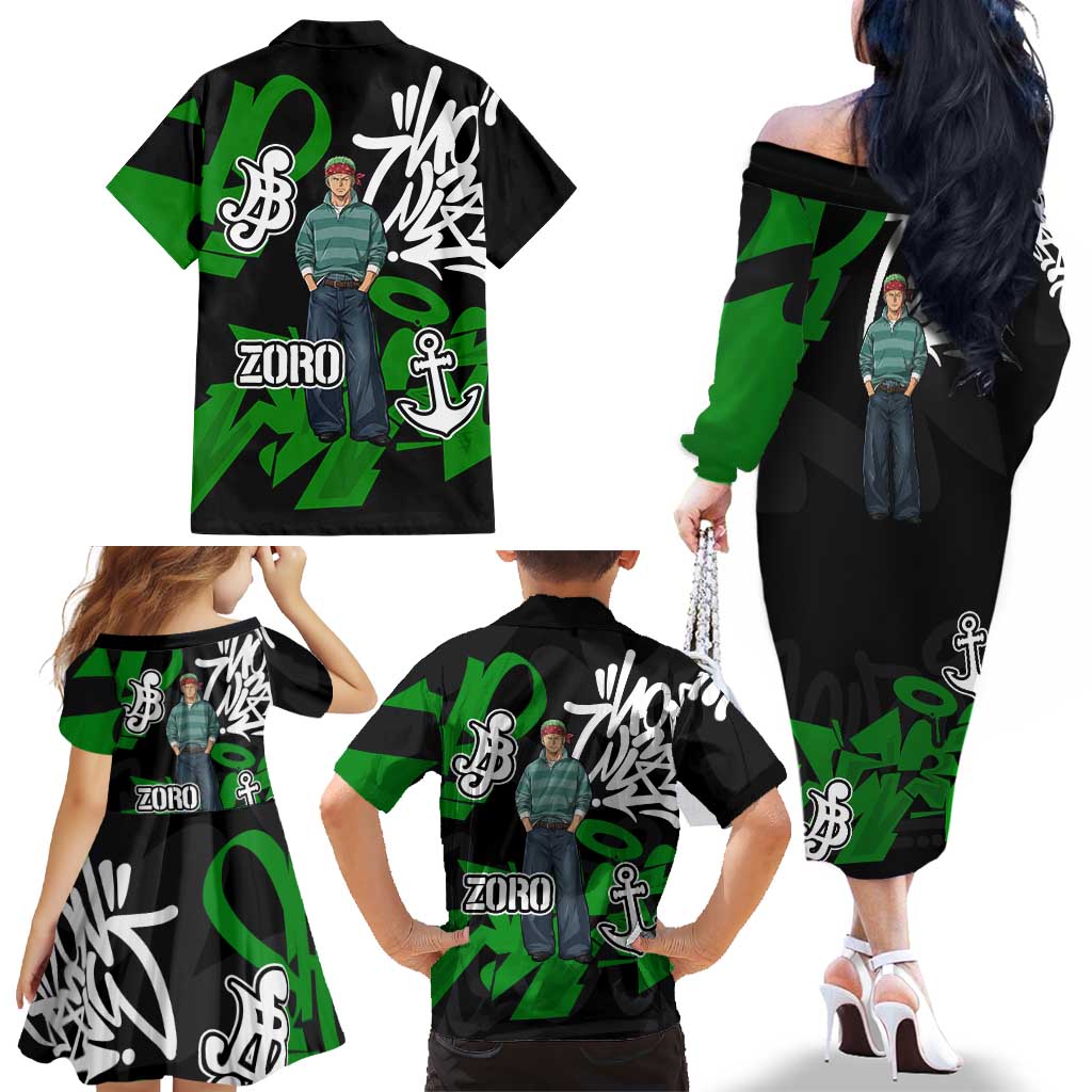 Roronoa Zoro One Piece Family Matching Off The Shoulder Long Sleeve Dress and Hawaiian Shirt Graffiti Street Art Anime Collage