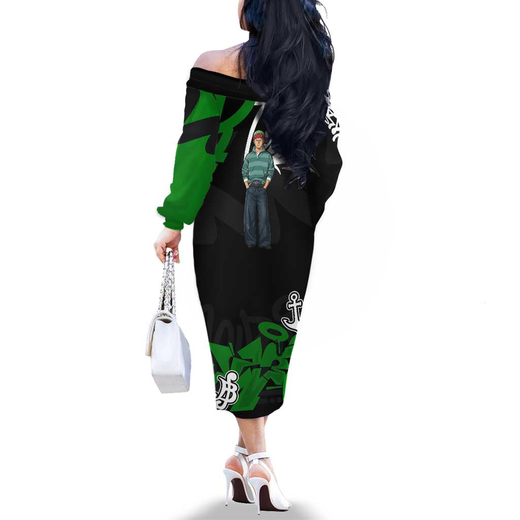 Roronoa Zoro One Piece Family Matching Off The Shoulder Long Sleeve Dress and Hawaiian Shirt Graffiti Street Art Anime Collage