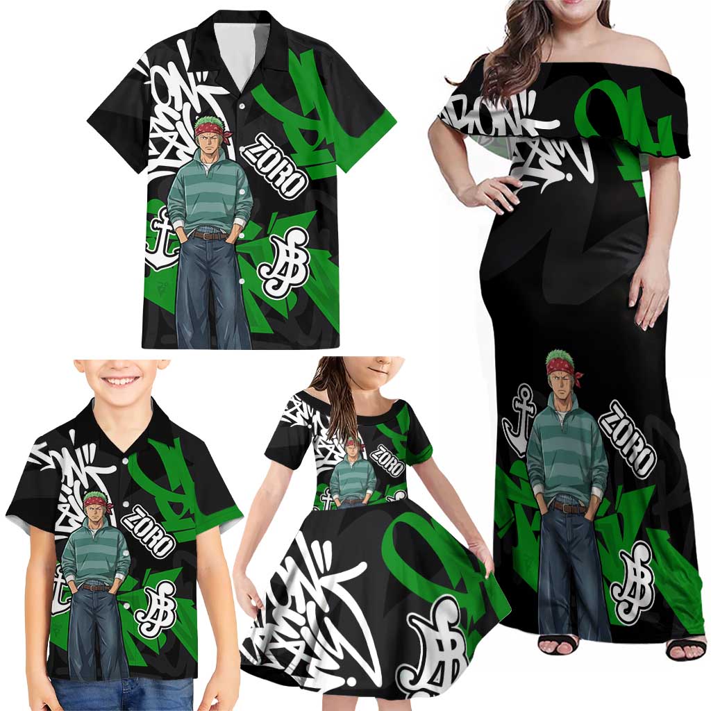 Roronoa Zoro One Piece Family Matching Off Shoulder Maxi Dress and Hawaiian Shirt Graffiti Street Art Anime Collage