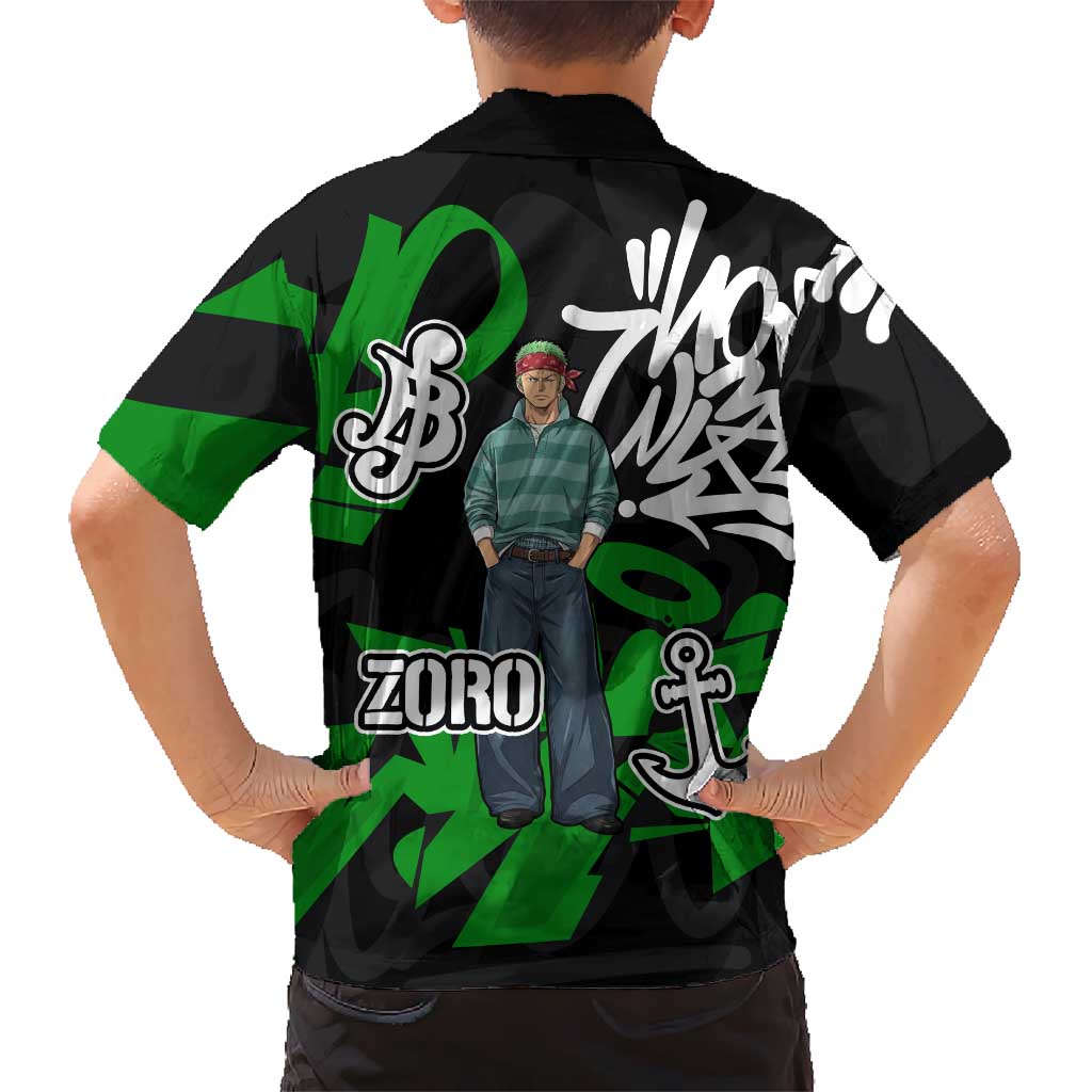 Roronoa Zoro One Piece Family Matching Off Shoulder Maxi Dress and Hawaiian Shirt Graffiti Street Art Anime Collage