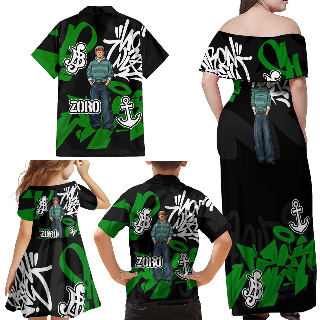 Roronoa Zoro One Piece Family Matching Off Shoulder Maxi Dress and Hawaiian Shirt Graffiti Street Art Anime Collage