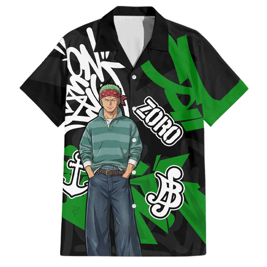Roronoa Zoro One Piece Family Matching Off Shoulder Maxi Dress and Hawaiian Shirt Graffiti Street Art Anime Collage