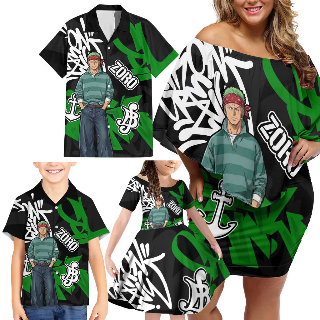Roronoa Zoro One Piece Family Matching Off Shoulder Short Dress and Hawaiian Shirt Graffiti Street Art Anime Collage