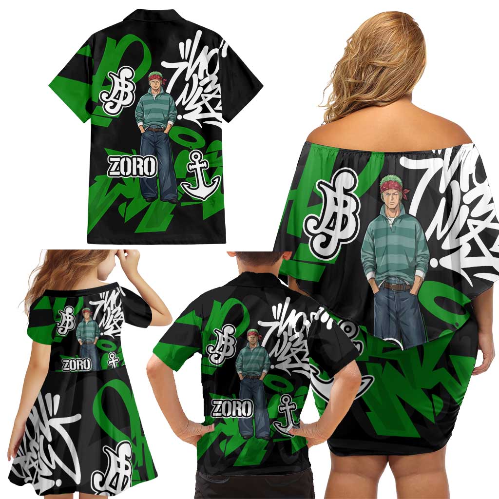 Roronoa Zoro One Piece Family Matching Off Shoulder Short Dress and Hawaiian Shirt Graffiti Street Art Anime Collage