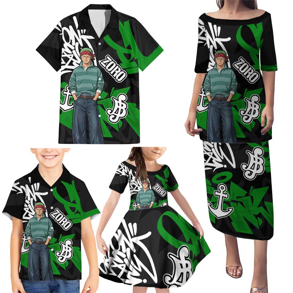 Roronoa Zoro One Piece Family Matching Puletasi and Hawaiian Shirt Graffiti Street Art Anime Collage