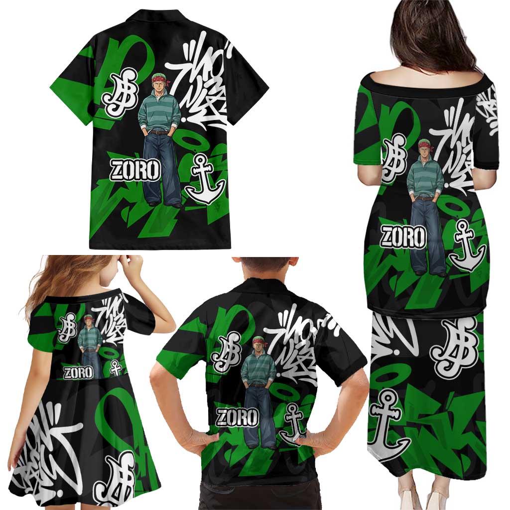 Roronoa Zoro One Piece Family Matching Puletasi and Hawaiian Shirt Graffiti Street Art Anime Collage