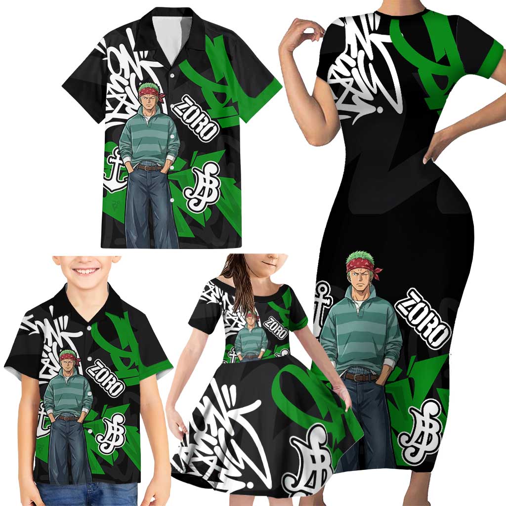 Roronoa Zoro One Piece Family Matching Short Sleeve Bodycon Dress and Hawaiian Shirt Graffiti Street Art Anime Collage