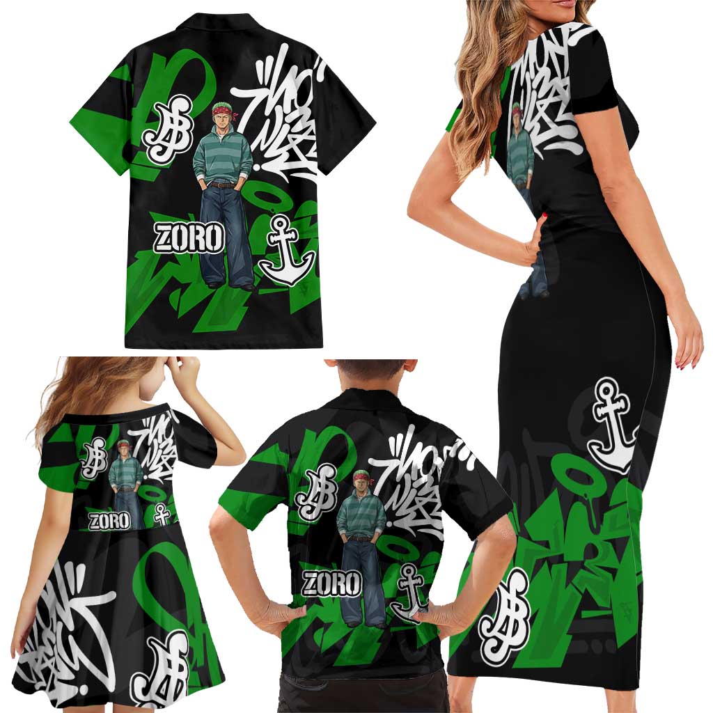 Roronoa Zoro One Piece Family Matching Short Sleeve Bodycon Dress and Hawaiian Shirt Graffiti Street Art Anime Collage