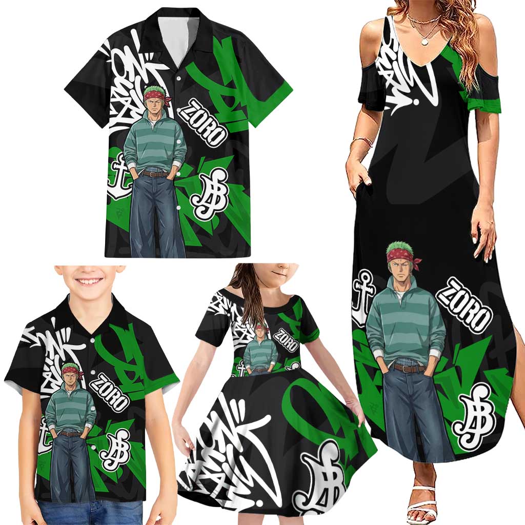 Roronoa Zoro One Piece Family Matching Summer Maxi Dress and Hawaiian Shirt Graffiti Street Art Anime Collage