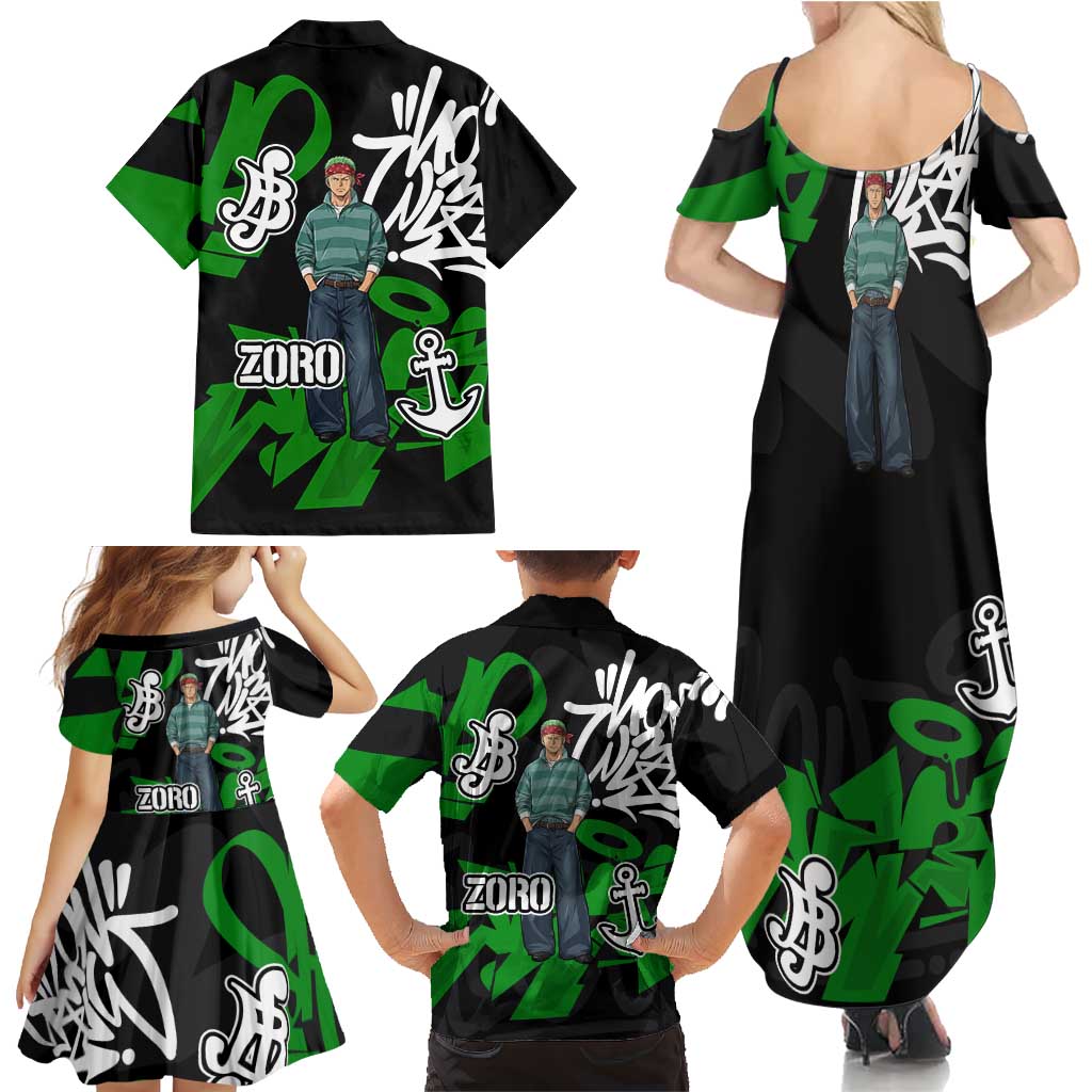 Roronoa Zoro One Piece Family Matching Summer Maxi Dress and Hawaiian Shirt Graffiti Street Art Anime Collage