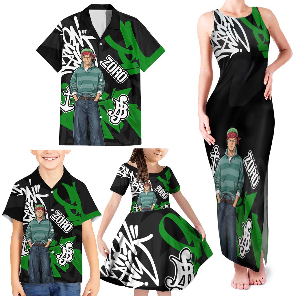 Roronoa Zoro One Piece Family Matching Tank Maxi Dress and Hawaiian Shirt Graffiti Street Art Anime Collage