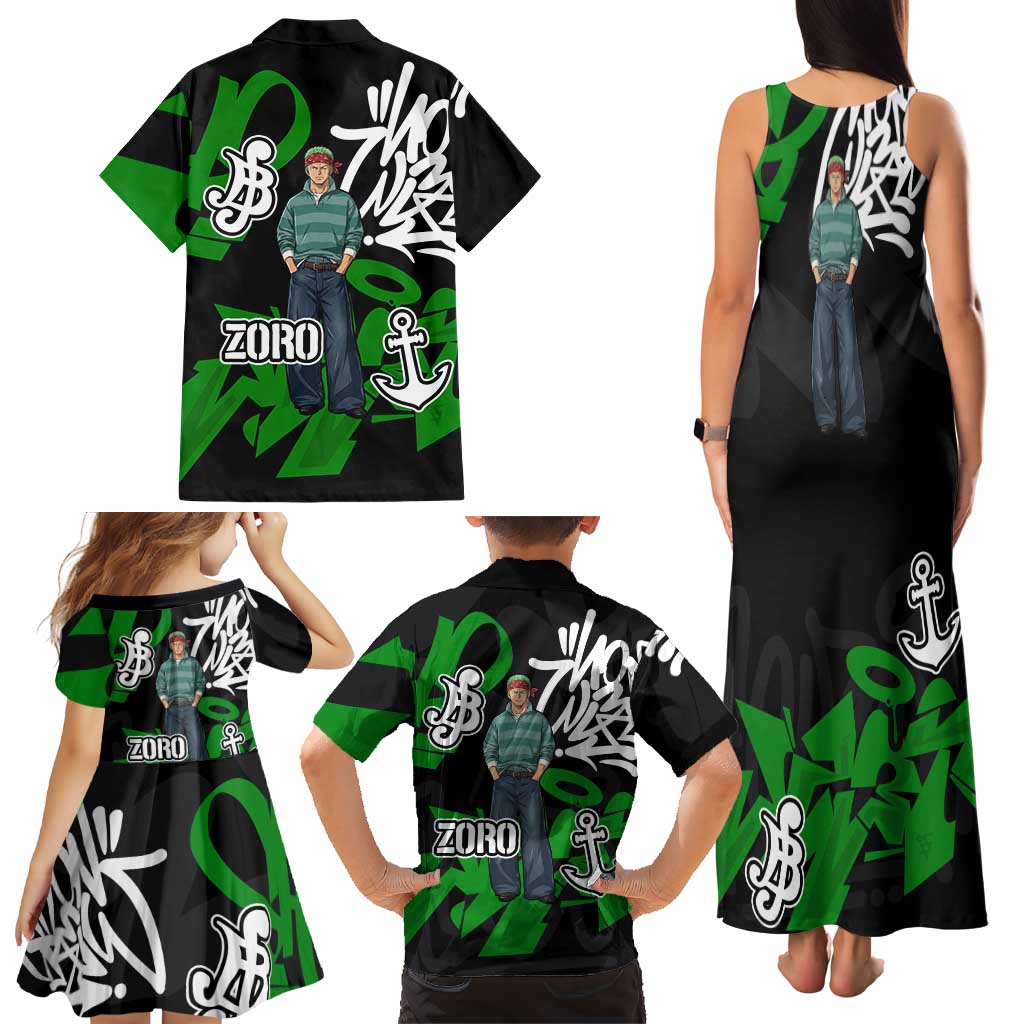 Roronoa Zoro One Piece Family Matching Tank Maxi Dress and Hawaiian Shirt Graffiti Street Art Anime Collage