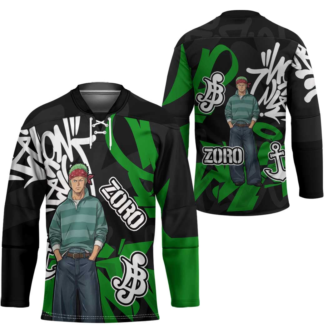 Roronoa Zoro One Piece Hockey Jersey Graffiti Street Art Anime Collage
