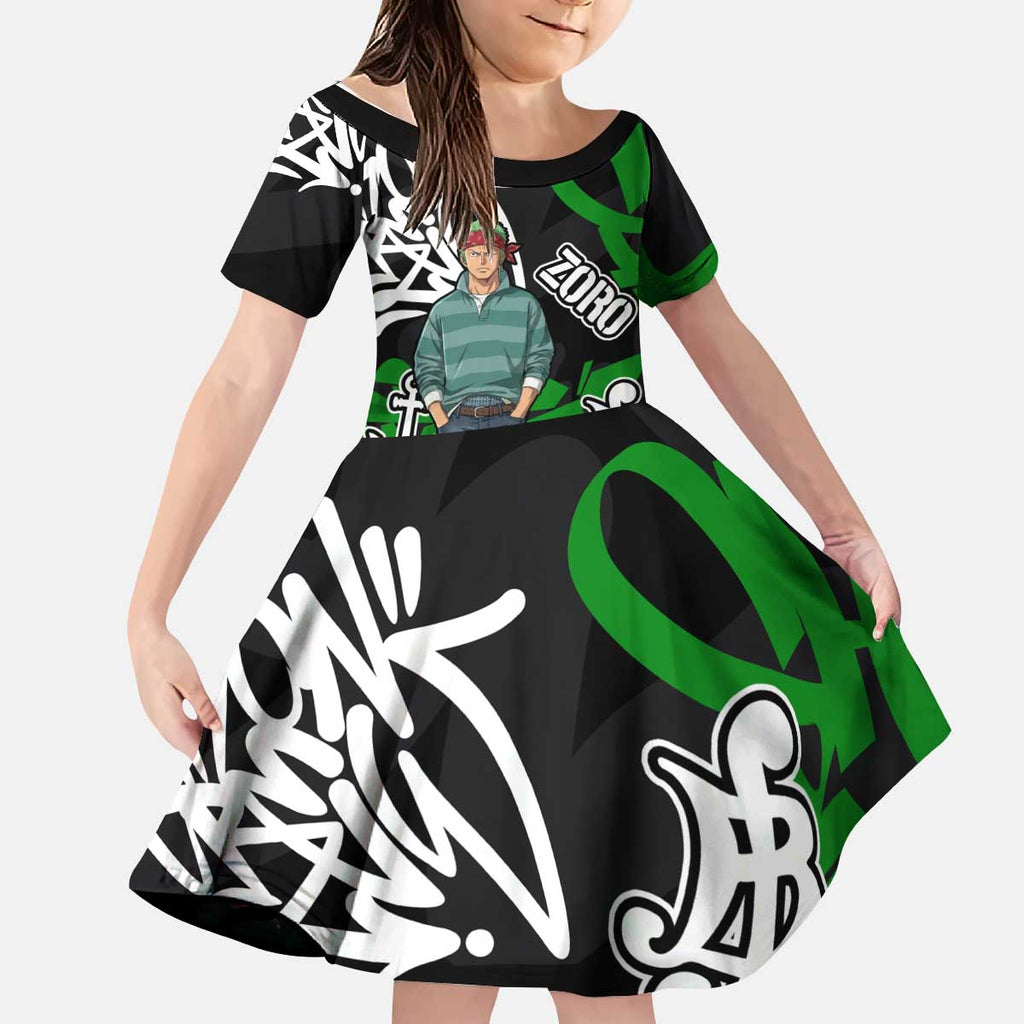 Roronoa Zoro One Piece Kid Short Sleeve Dress Graffiti Street Art Anime Collage