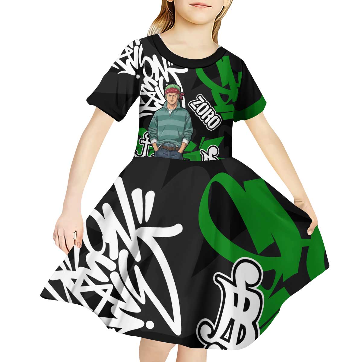 Roronoa Zoro One Piece Kid Short Sleeve Dress Graffiti Street Art Anime Collage