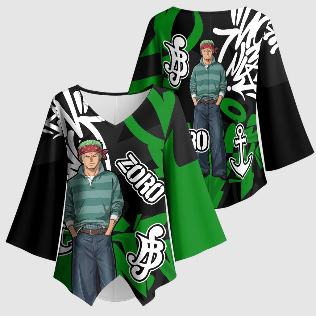Roronoa Zoro One Piece Kimono Sleeve Blouse Graffiti Street Art Anime Collage