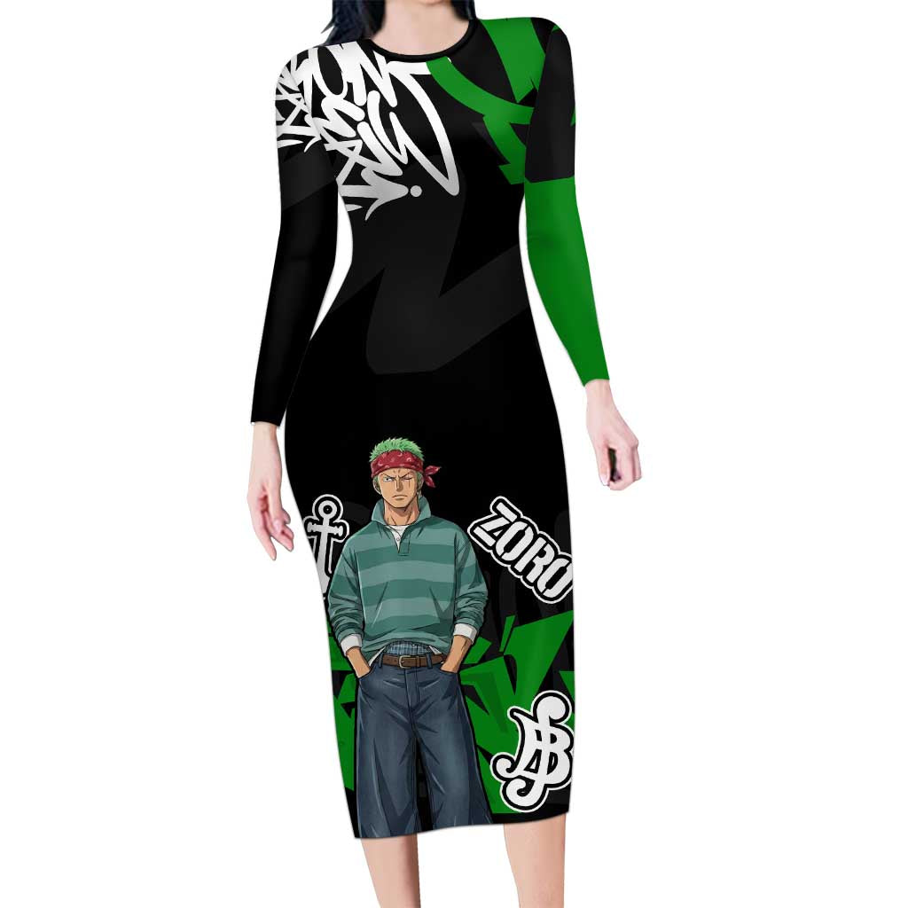 Roronoa Zoro One Piece Long Sleeve Bodycon Dress Graffiti Street Art Anime Collage