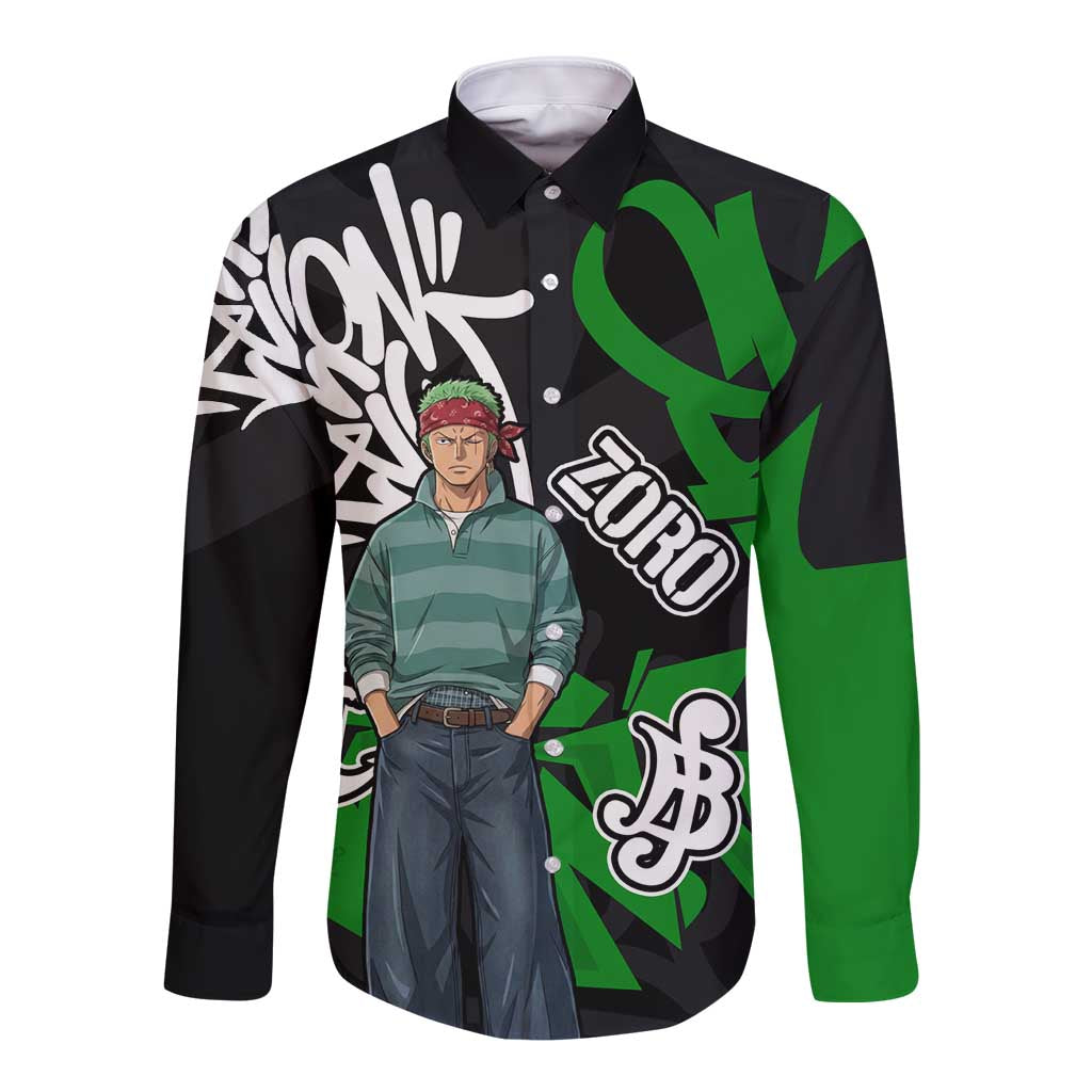 Roronoa Zoro One Piece Long Sleeve Button Shirt Graffiti Street Art Anime Collage