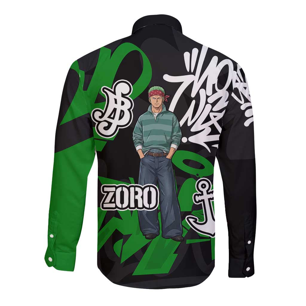 Roronoa Zoro One Piece Long Sleeve Button Shirt Graffiti Street Art Anime Collage