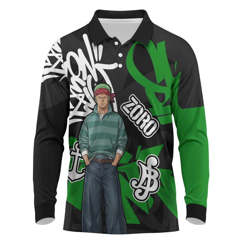 Roronoa Zoro One Piece Long Sleeve Polo Shirt Graffiti Street Art Anime Collage