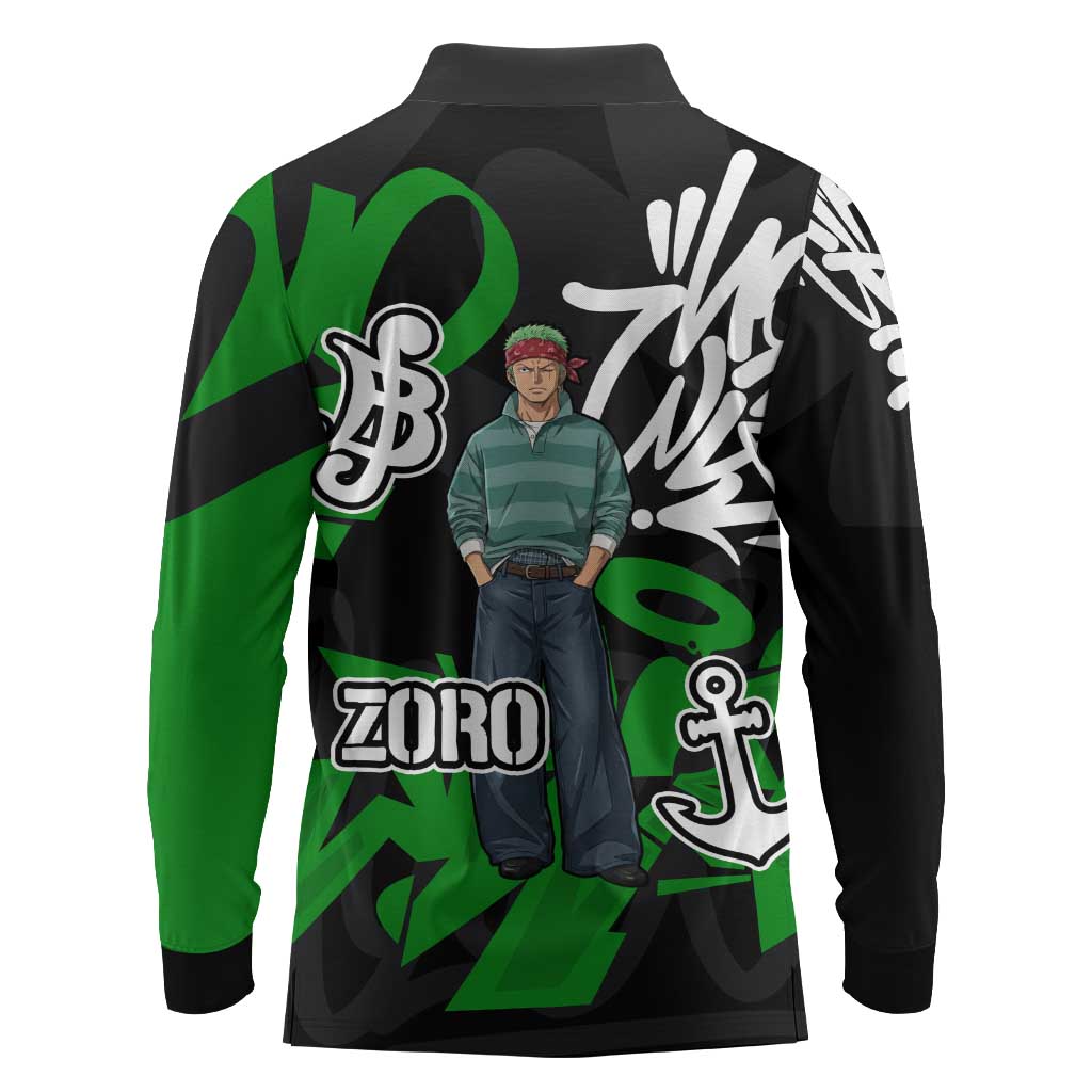 Roronoa Zoro One Piece Long Sleeve Polo Shirt Graffiti Street Art Anime Collage