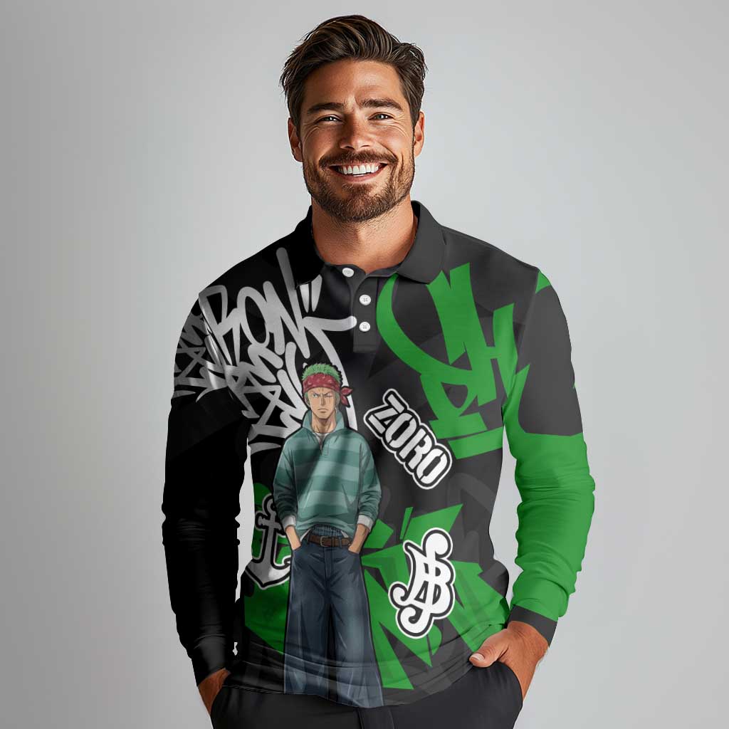 Roronoa Zoro One Piece Long Sleeve Polo Shirt Graffiti Street Art Anime Collage