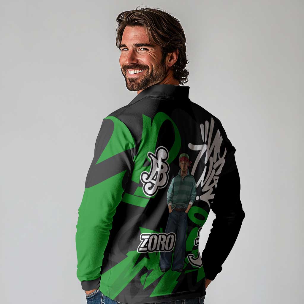 Roronoa Zoro One Piece Long Sleeve Polo Shirt Graffiti Street Art Anime Collage