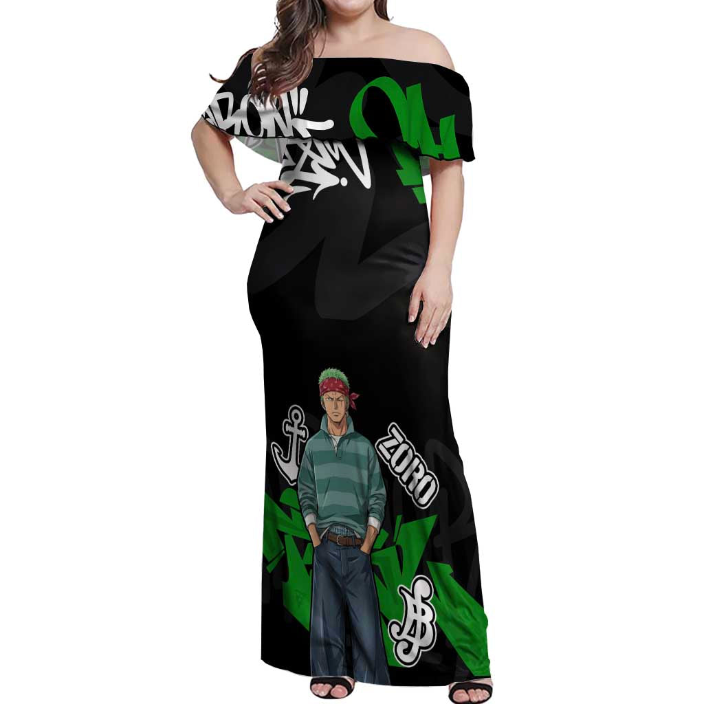 Roronoa Zoro One Piece Off Shoulder Maxi Dress Graffiti Street Art Anime Collage