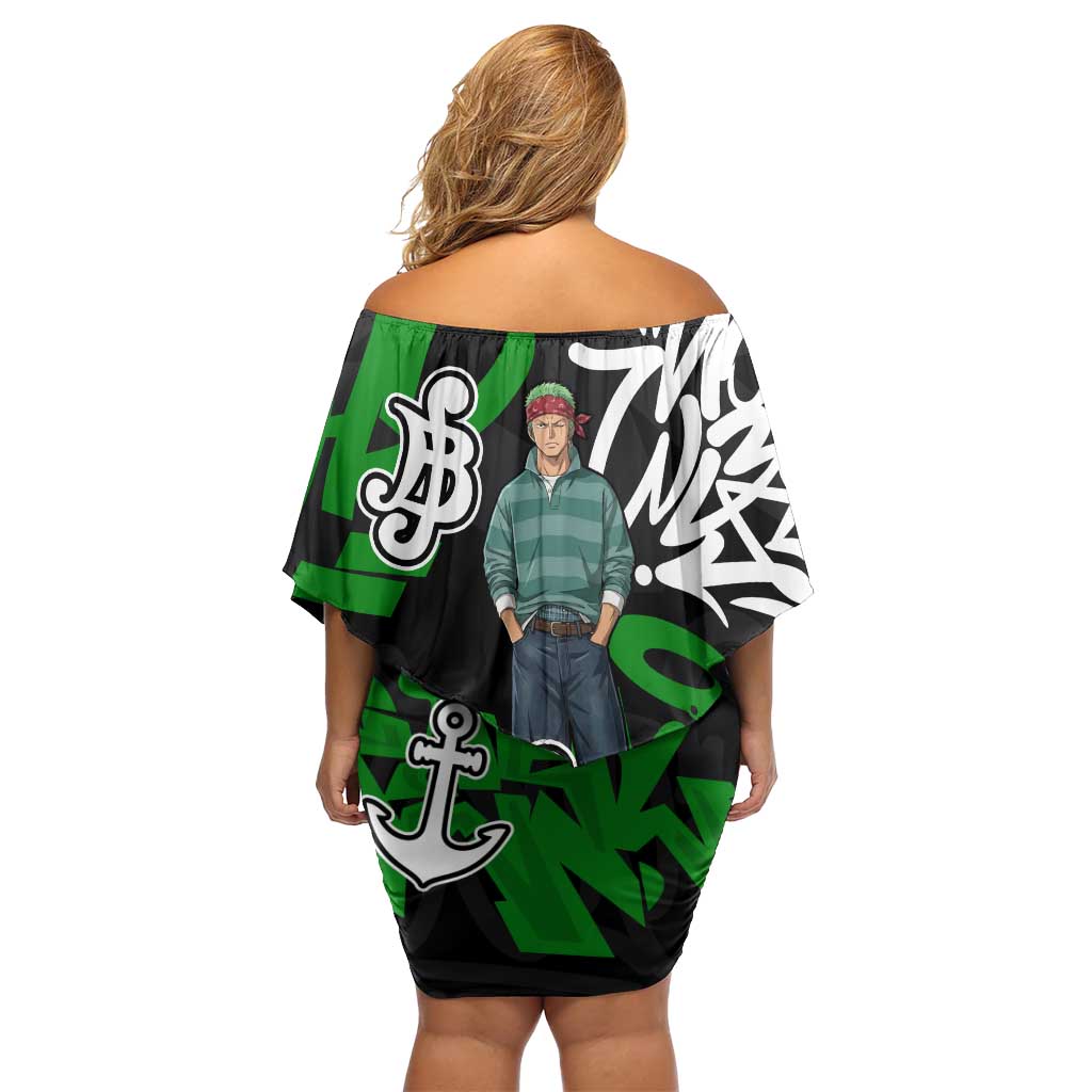 Roronoa Zoro One Piece Off Shoulder Short Dress Graffiti Street Art Anime Collage
