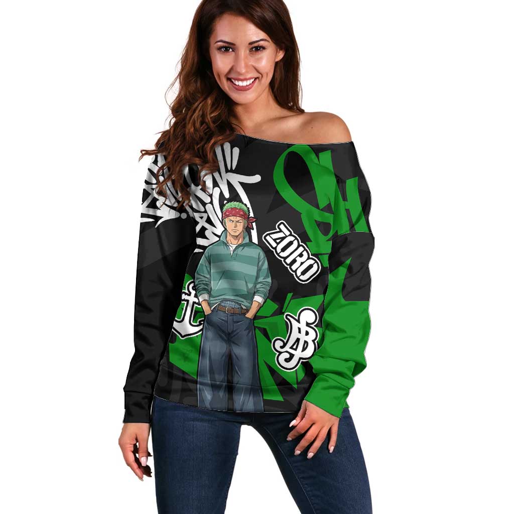 Roronoa Zoro One Piece Off Shoulder Sweater Graffiti Street Art Anime Collage