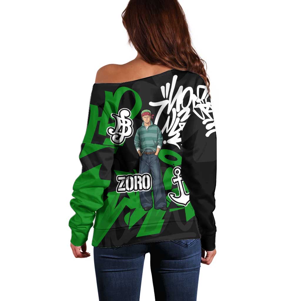 Roronoa Zoro One Piece Off Shoulder Sweater Graffiti Street Art Anime Collage