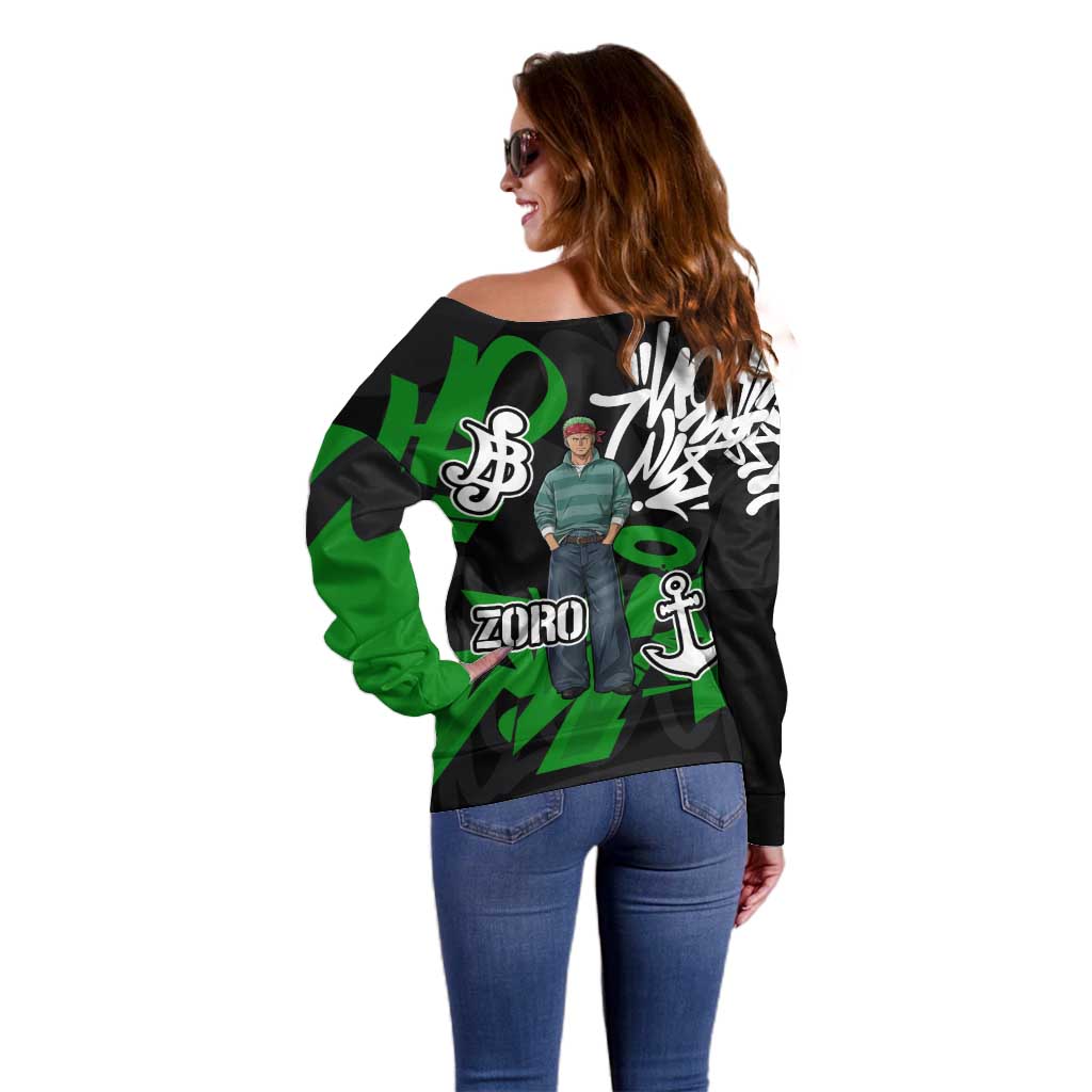 Roronoa Zoro One Piece Off Shoulder Sweater Graffiti Street Art Anime Collage
