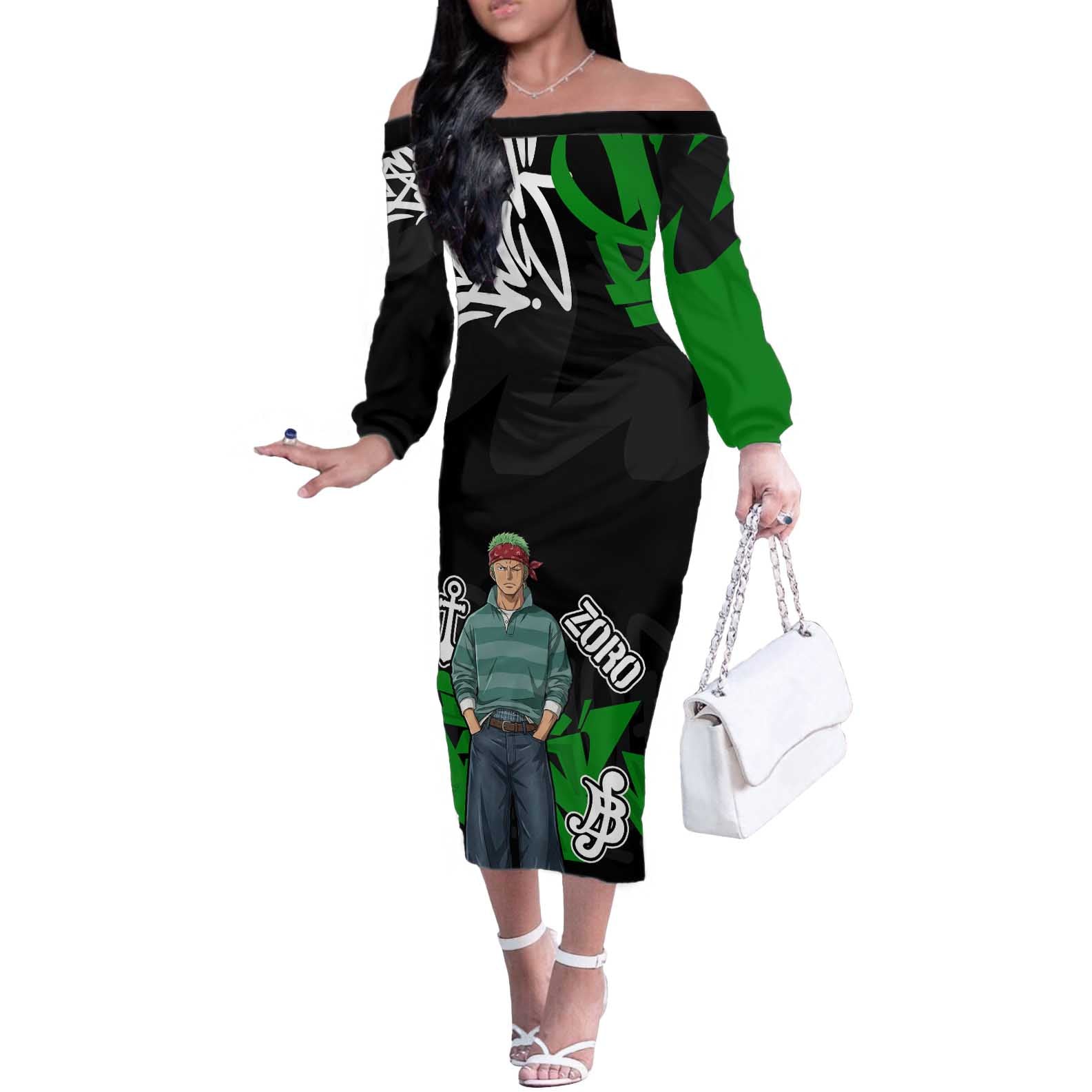 Roronoa Zoro One Piece Off The Shoulder Long Sleeve Dress Graffiti Street Art Anime Collage