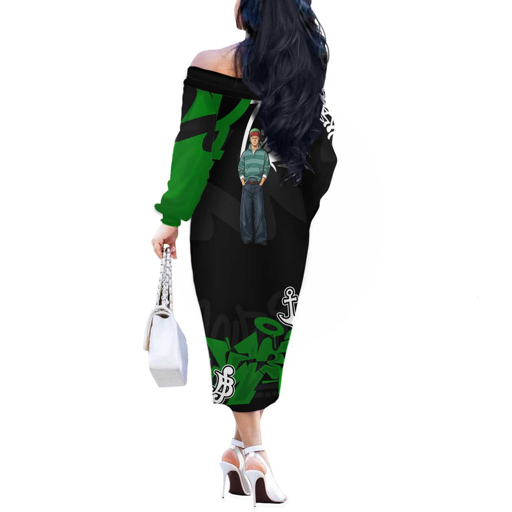 Roronoa Zoro One Piece Off The Shoulder Long Sleeve Dress Graffiti Street Art Anime Collage