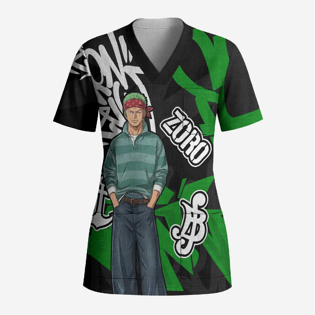 Roronoa Zoro One Piece Scrub Top Graffiti Street Art Anime Collage