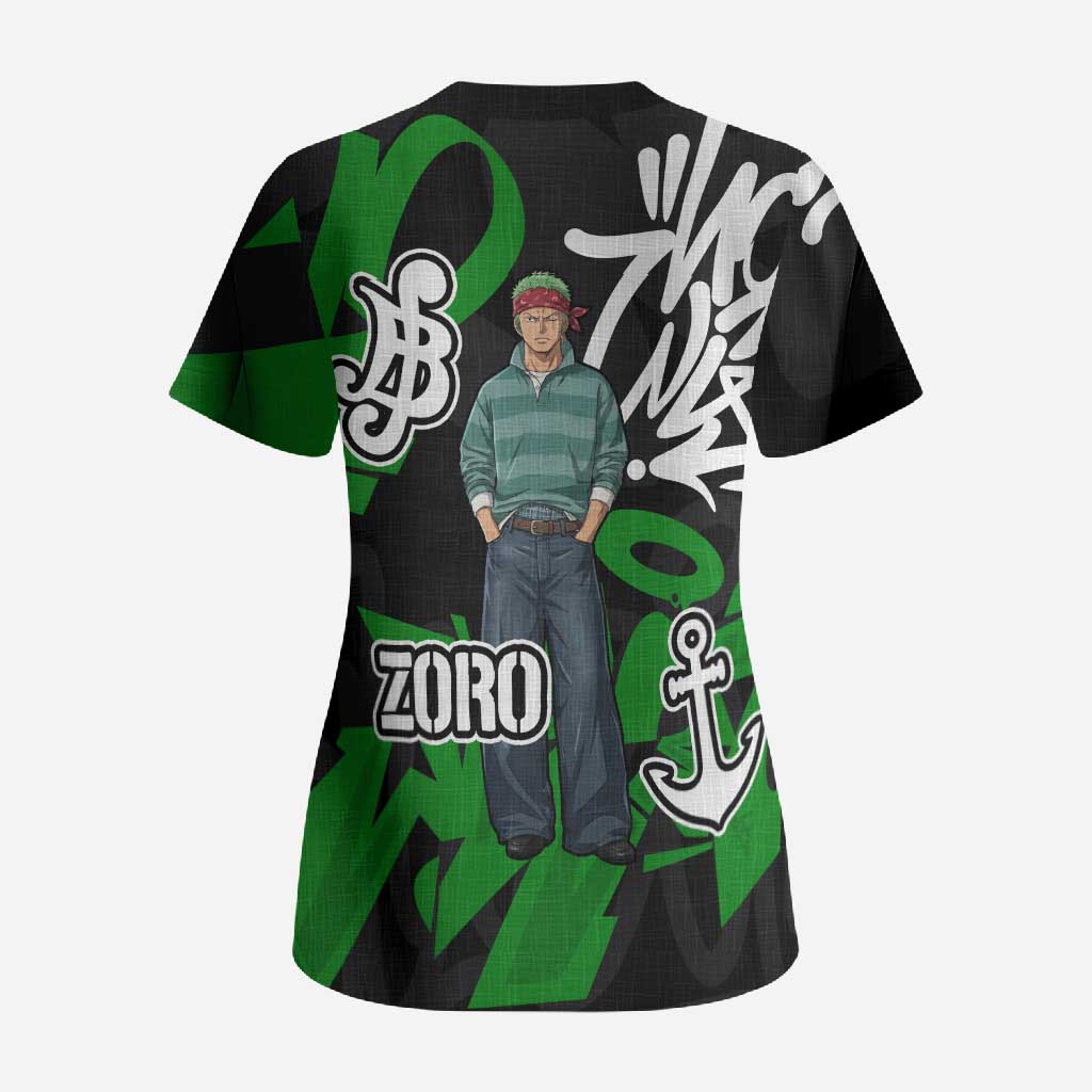 Roronoa Zoro One Piece Scrub Top Graffiti Street Art Anime Collage