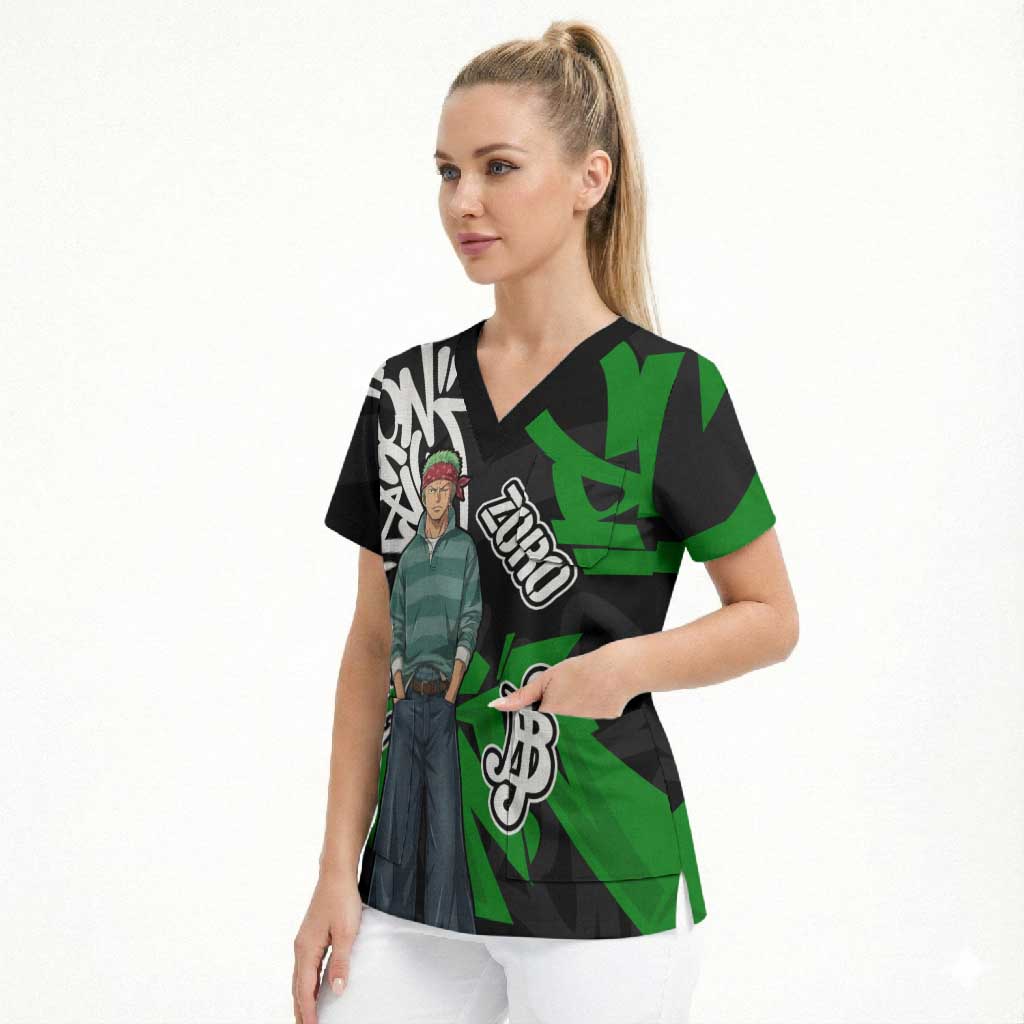 Roronoa Zoro One Piece Scrub Top Graffiti Street Art Anime Collage