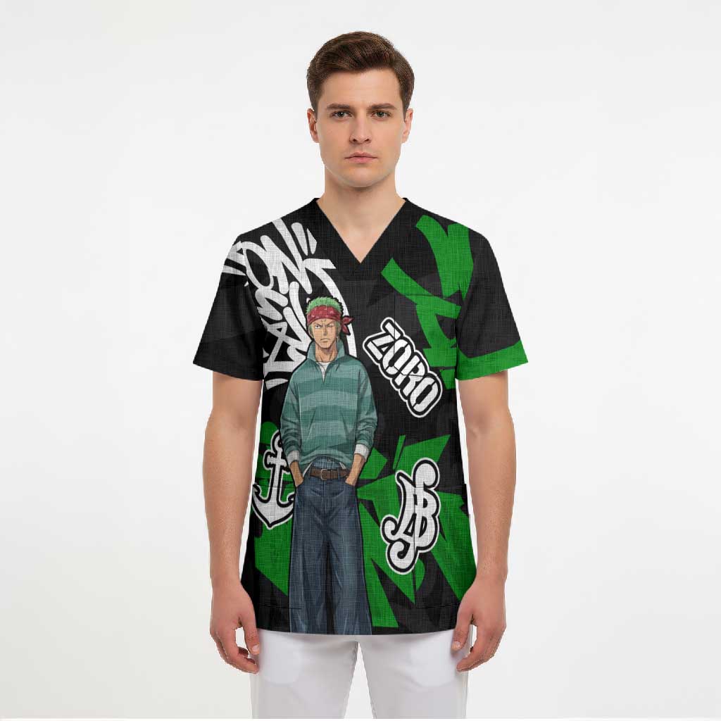 Roronoa Zoro One Piece Scrub Top Graffiti Street Art Anime Collage