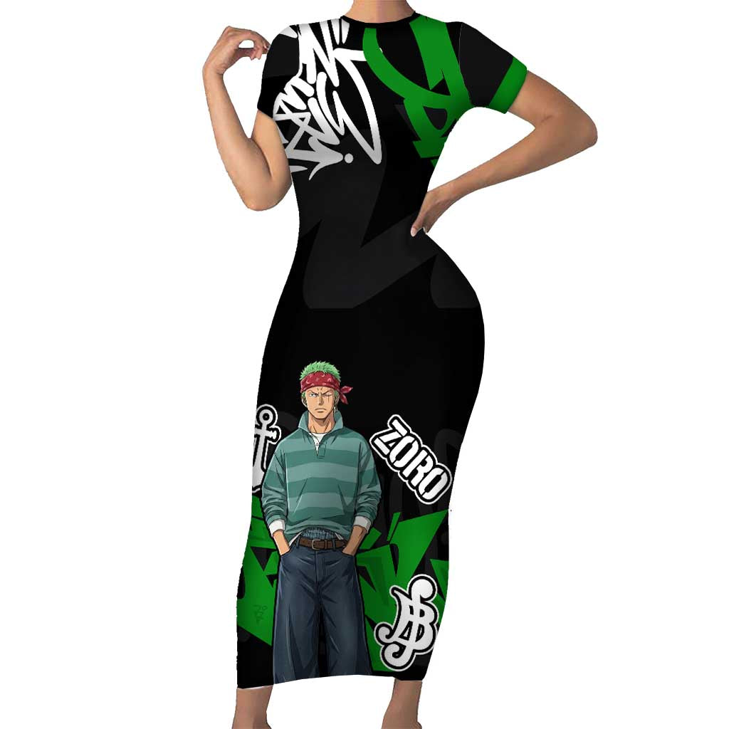Roronoa Zoro One Piece Short Sleeve Bodycon Dress Graffiti Street Art Anime Collage