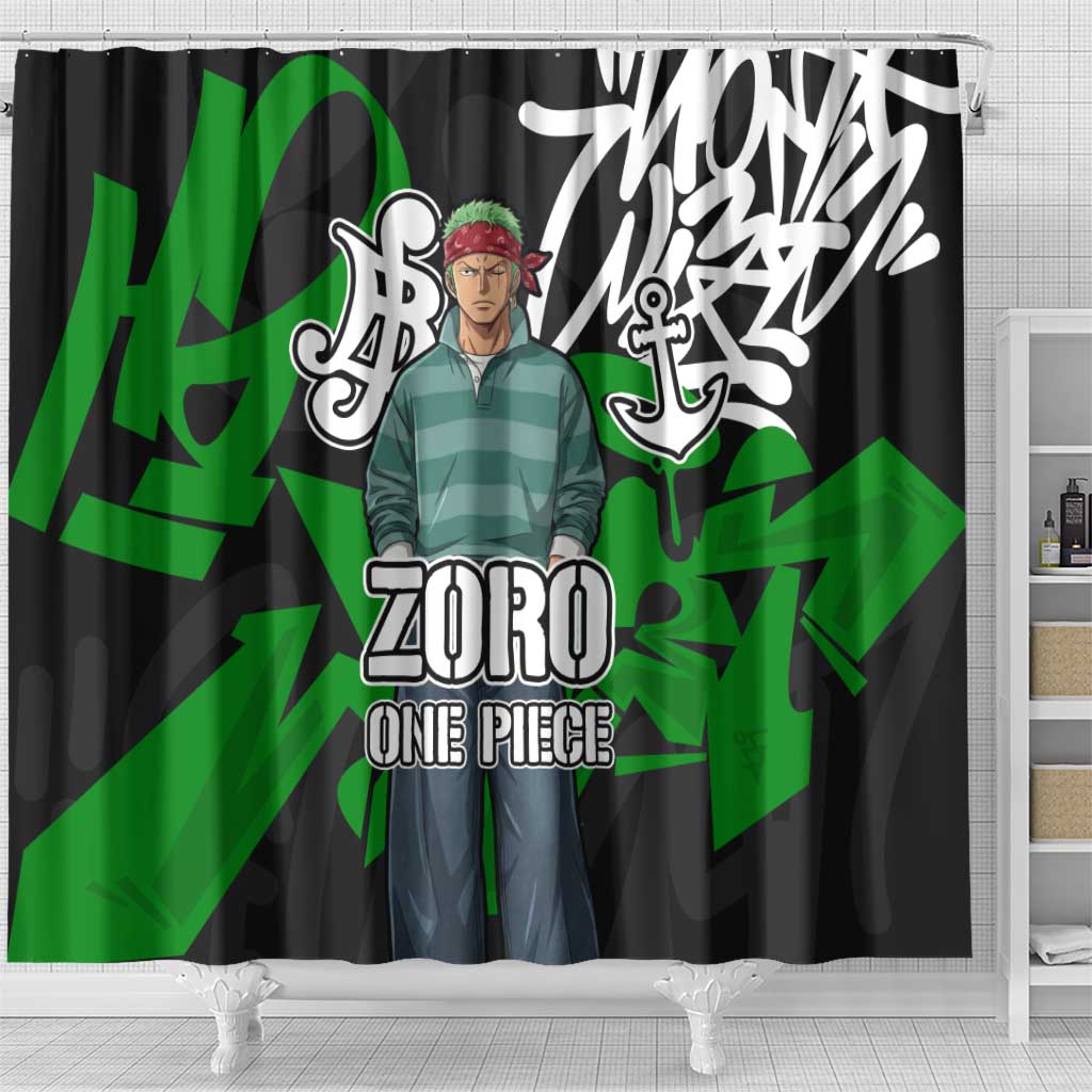 Roronoa Zoro One Piece Shower Curtain Graffiti Street Art Anime Collage