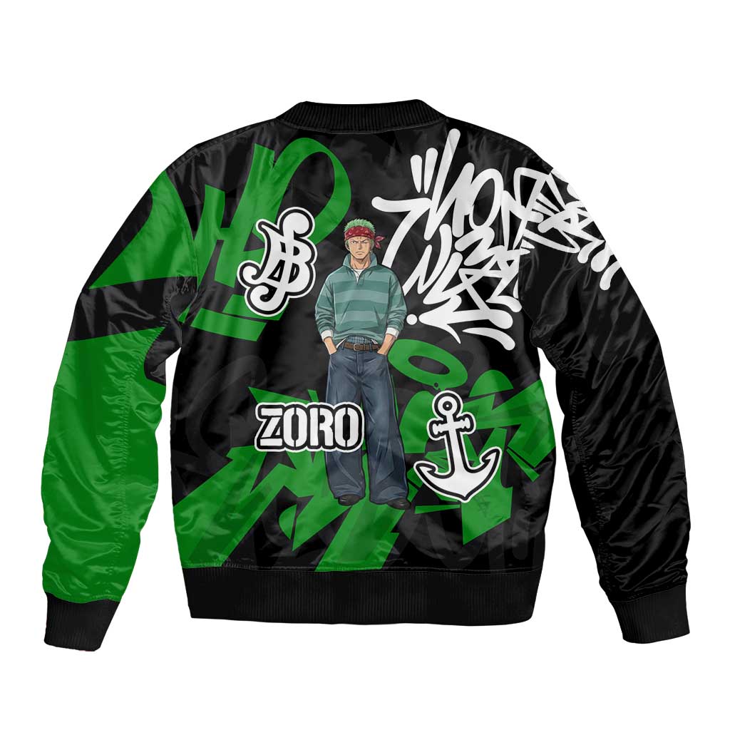 Roronoa Zoro One Piece Sleeve Zip Bomber Jacket Graffiti Street Art Anime Collage
