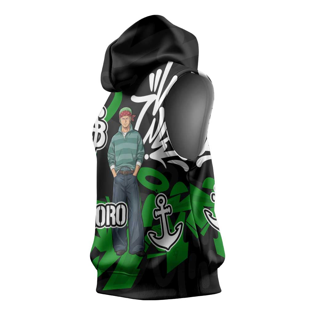 Roronoa Zoro One Piece Sleeveless Hoodie Graffiti Street Art Anime Collage
