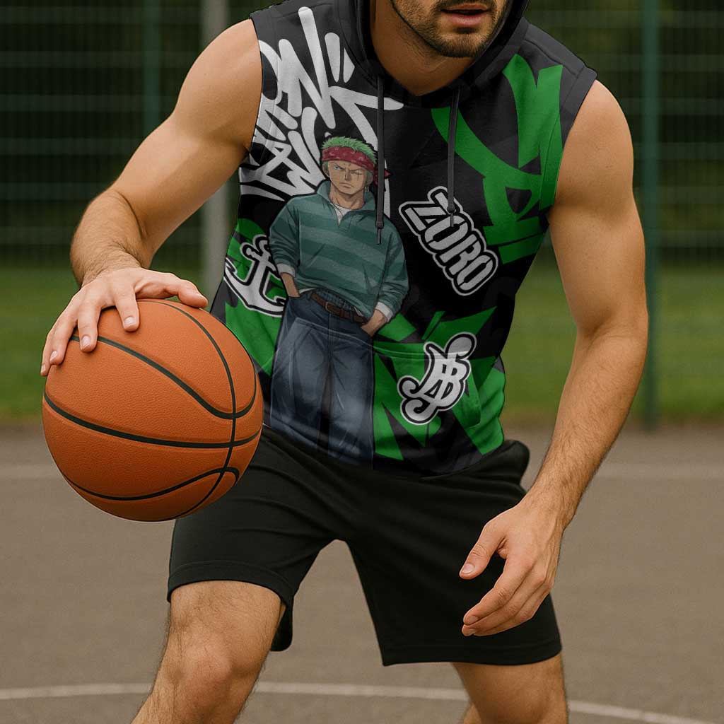 Roronoa Zoro One Piece Sleeveless Hoodie Graffiti Street Art Anime Collage