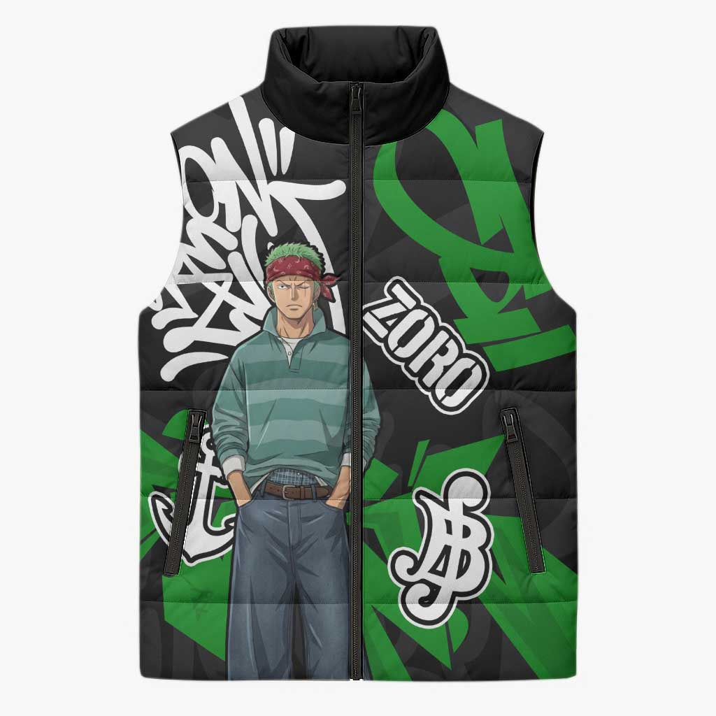 Roronoa Zoro One Piece Sleeveless Puffer Jacket Graffiti Street Art Anime Collage