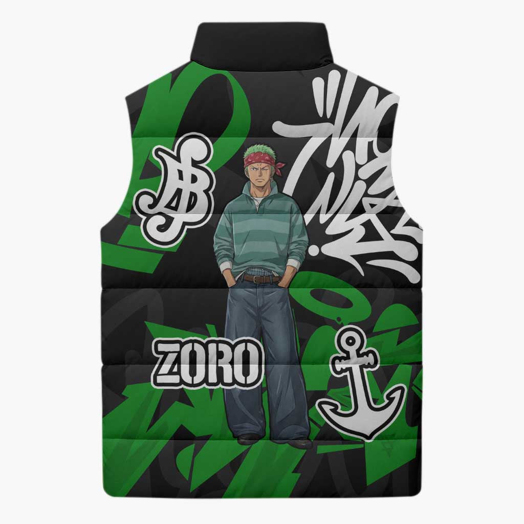 Roronoa Zoro One Piece Sleeveless Puffer Jacket Graffiti Street Art Anime Collage