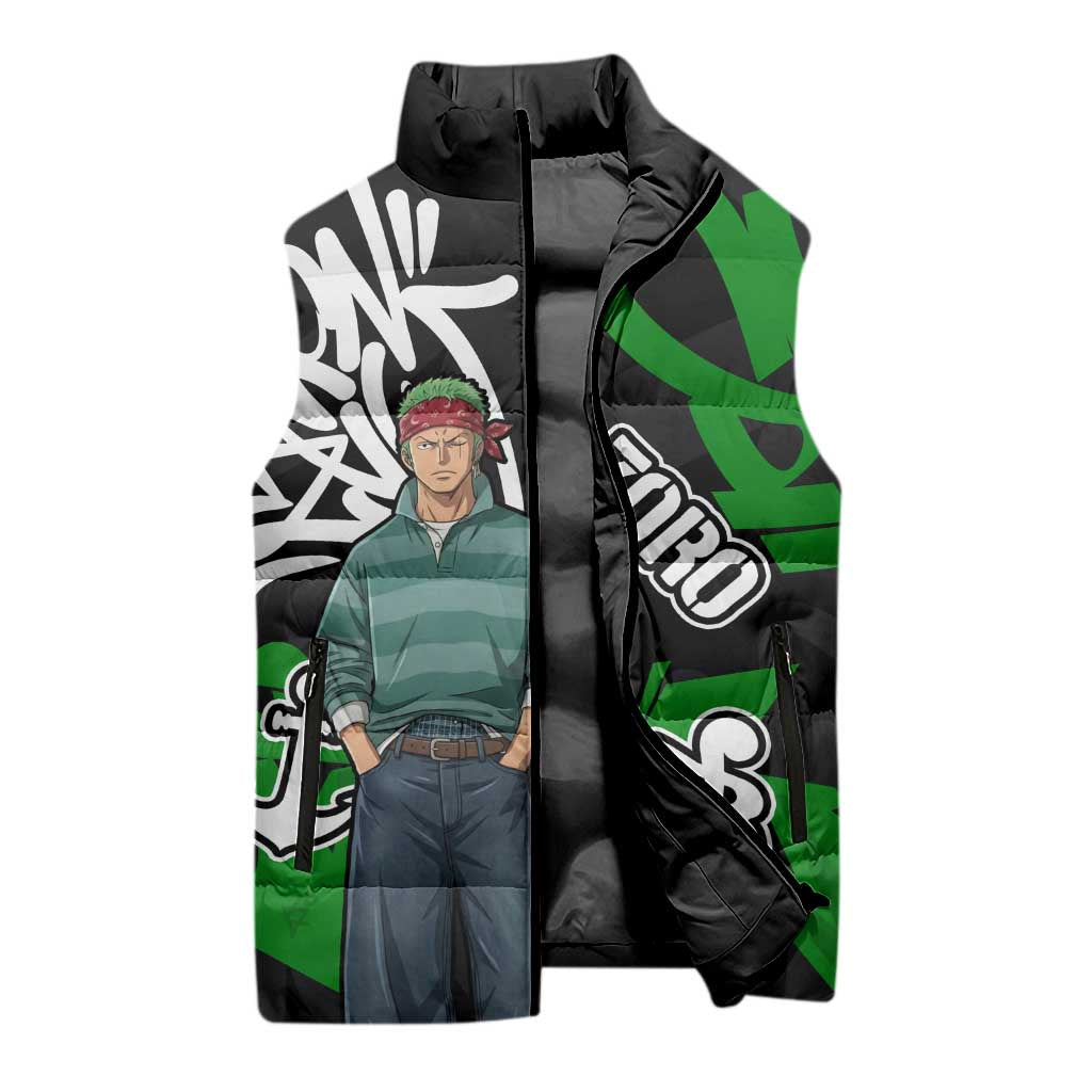 Roronoa Zoro One Piece Sleeveless Puffer Jacket Graffiti Street Art Anime Collage