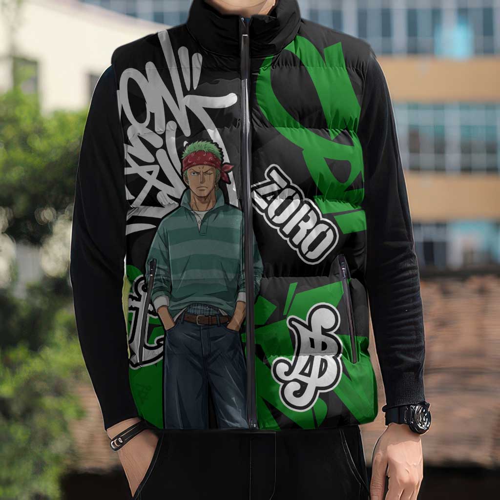 Roronoa Zoro One Piece Sleeveless Puffer Jacket Graffiti Street Art Anime Collage