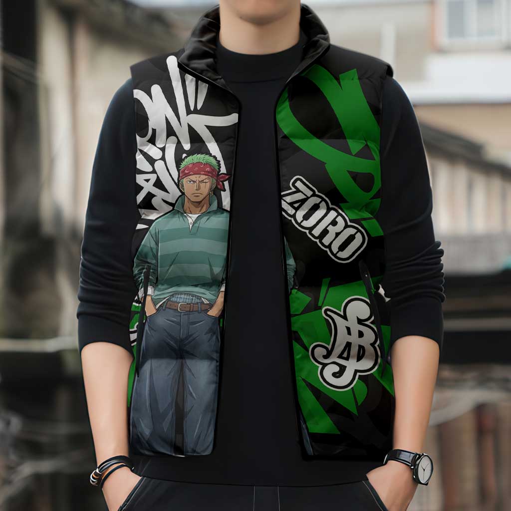 Roronoa Zoro One Piece Sleeveless Puffer Jacket Graffiti Street Art Anime Collage