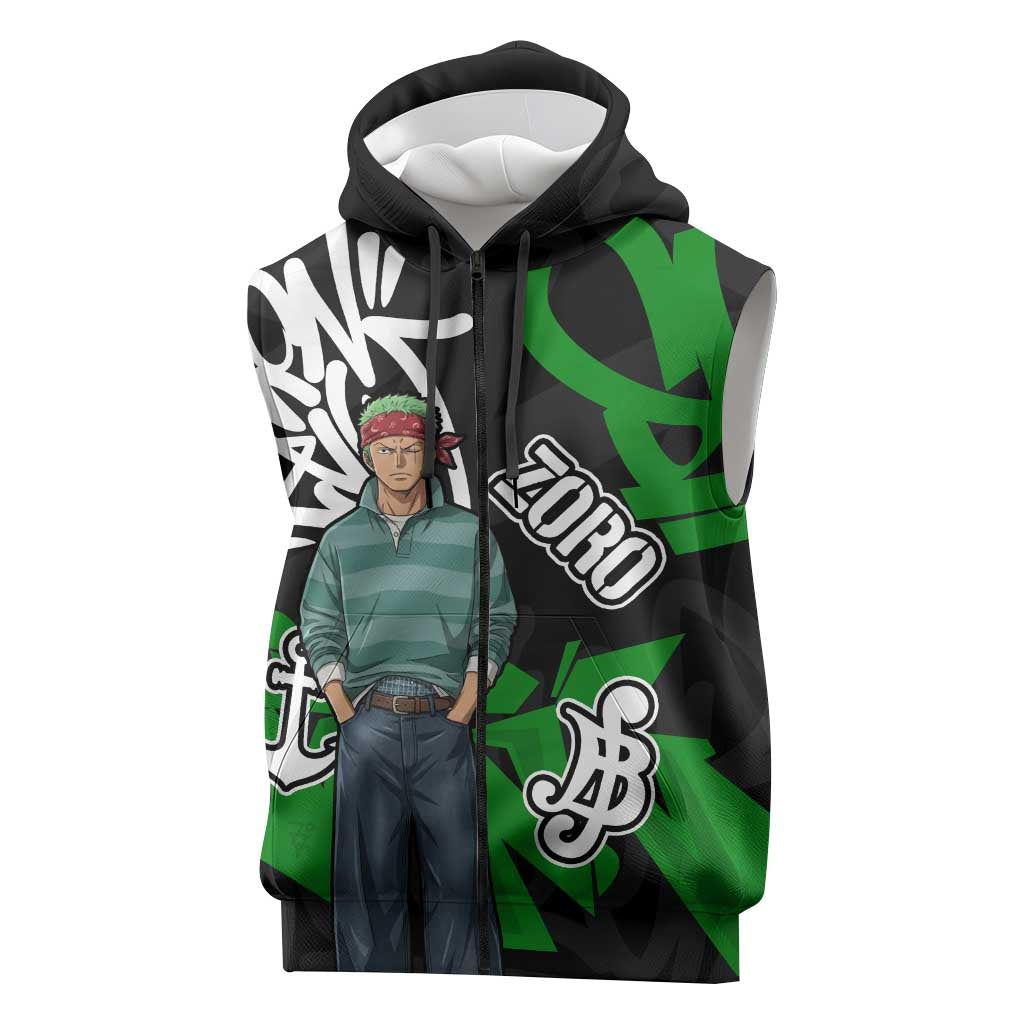 Roronoa Zoro One Piece Sleeveless Zip Hoodie Graffiti Street Art Anime Collage